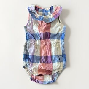 J.Crew Ruffle Neck Bodysuit Red Blue Plaid One Piece Size 6-12 Month 100% Cotton
